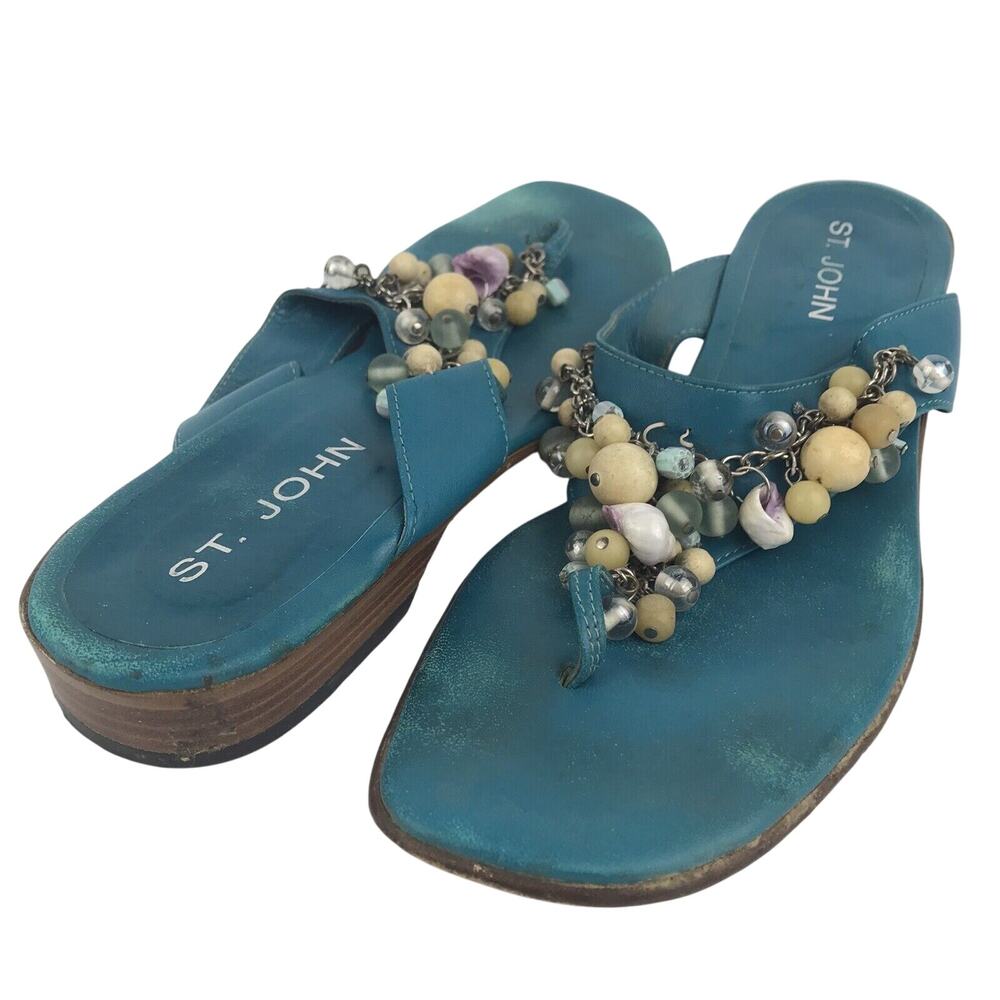 St. John Turquoise Flip Flops Charms Chain Beads Thong Sandals Size 10 FLAW